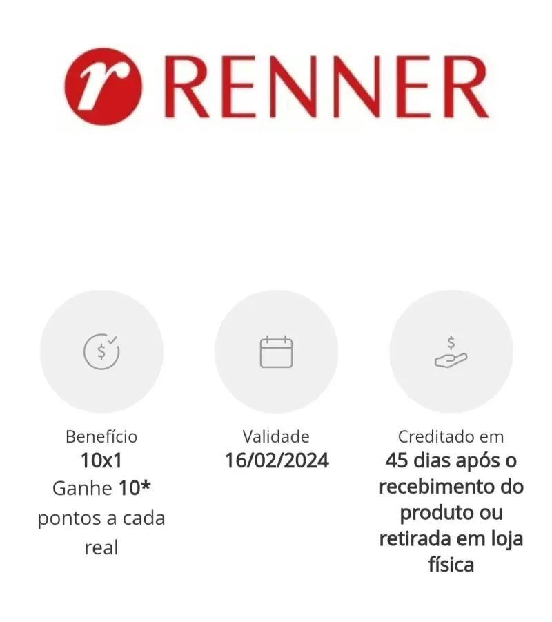 Renner Esfera 10 pontos por real gasto só hoje