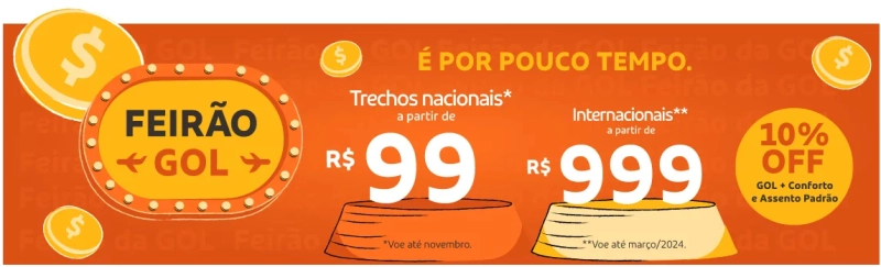 GOL: Passagens nacionais a partir de R$99 e internacionais a partir de R$999