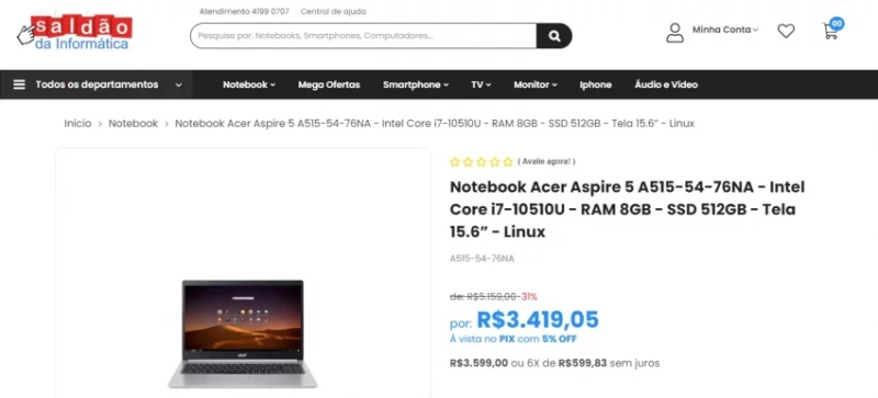 Acer i7 com SSD de 512Gb, parcelado, por apenas R$ 2.368,78