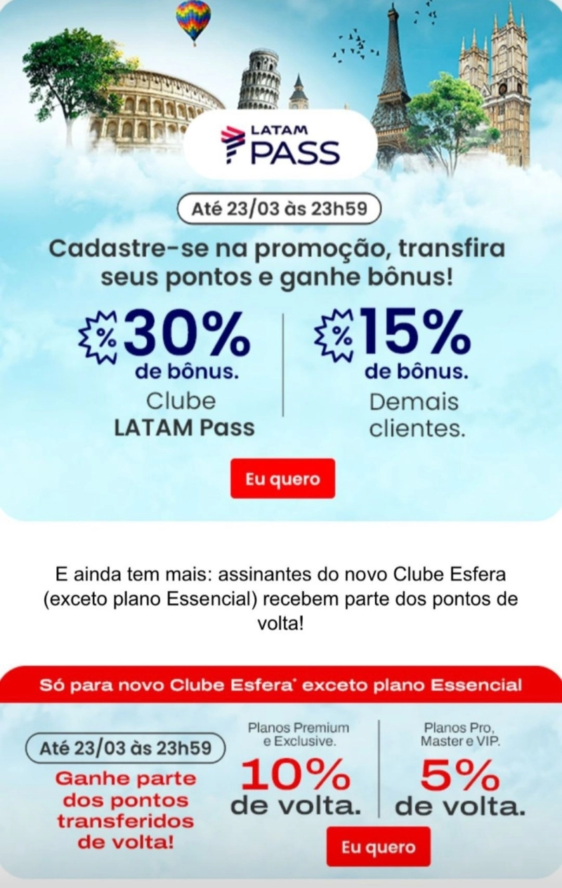 Latam e Esfera com até 30% de Bônus e Pointsback até 10%