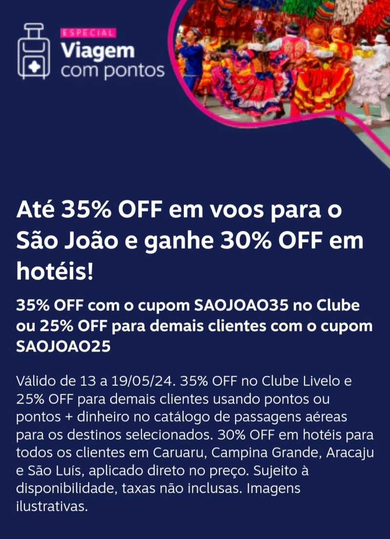 Livelo: até 35% off em passagens e hotéis para o São João