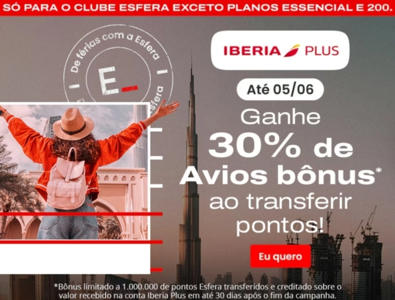 Transfira Pontos Esfera e Receba 30% de Bônus Iberia Plus