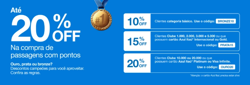 Azul: Até 20% Off no Resgate de Passagens com Pontos! Azul: Até 20% Off no Resgate de Passagens com Pontos!