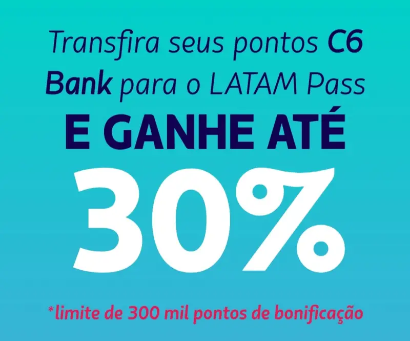 Latam Pass e C6 Bank com até 30% de bônus