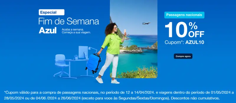 Voe Azul: 10% OFF em passagens nacionais