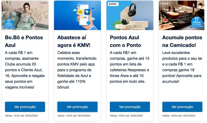Até 20 pontos por real com Azul na Bo.Bô, Camicado e Ponto