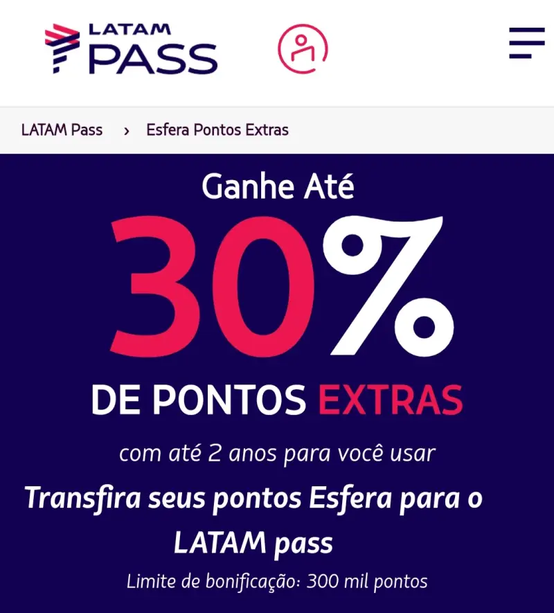 Até 30% de bônus LATAM Pass ao transferir pontos Esfera!