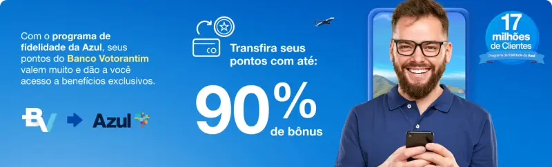 Transfira pontos BV e ganhe até 90% de bônus na Azul!