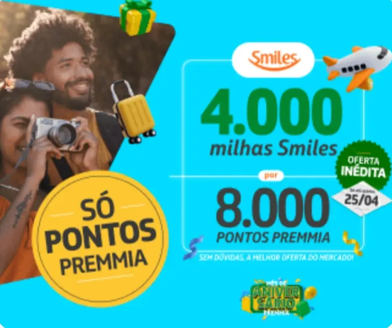 Troque pontos Premmia por milhas Smiles sem taxas!