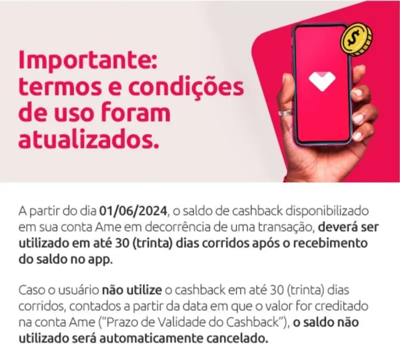 AME: Cashback deve ser usado em 30 dias