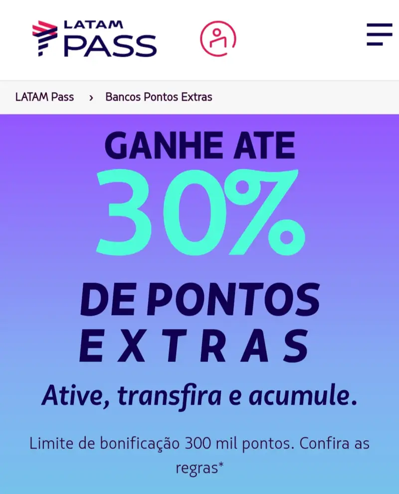 Transferência de Pontos com até 30% de Bônus na LATAM Pass