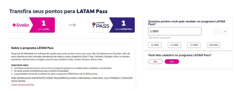 Transferência mínima entre Livelo e LATAM por 1000 pontos