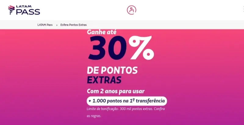 Até 30% de Bônus no LATAM Pass com Pontos Esfera