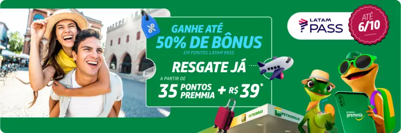 Até 50% de Bônus no LATAM Pass em Transferências do Premmia