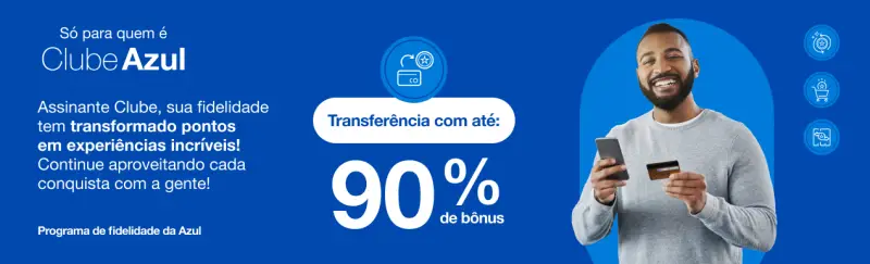 té 90% de bônus no Azul Fidelidade ao transferir pontos!